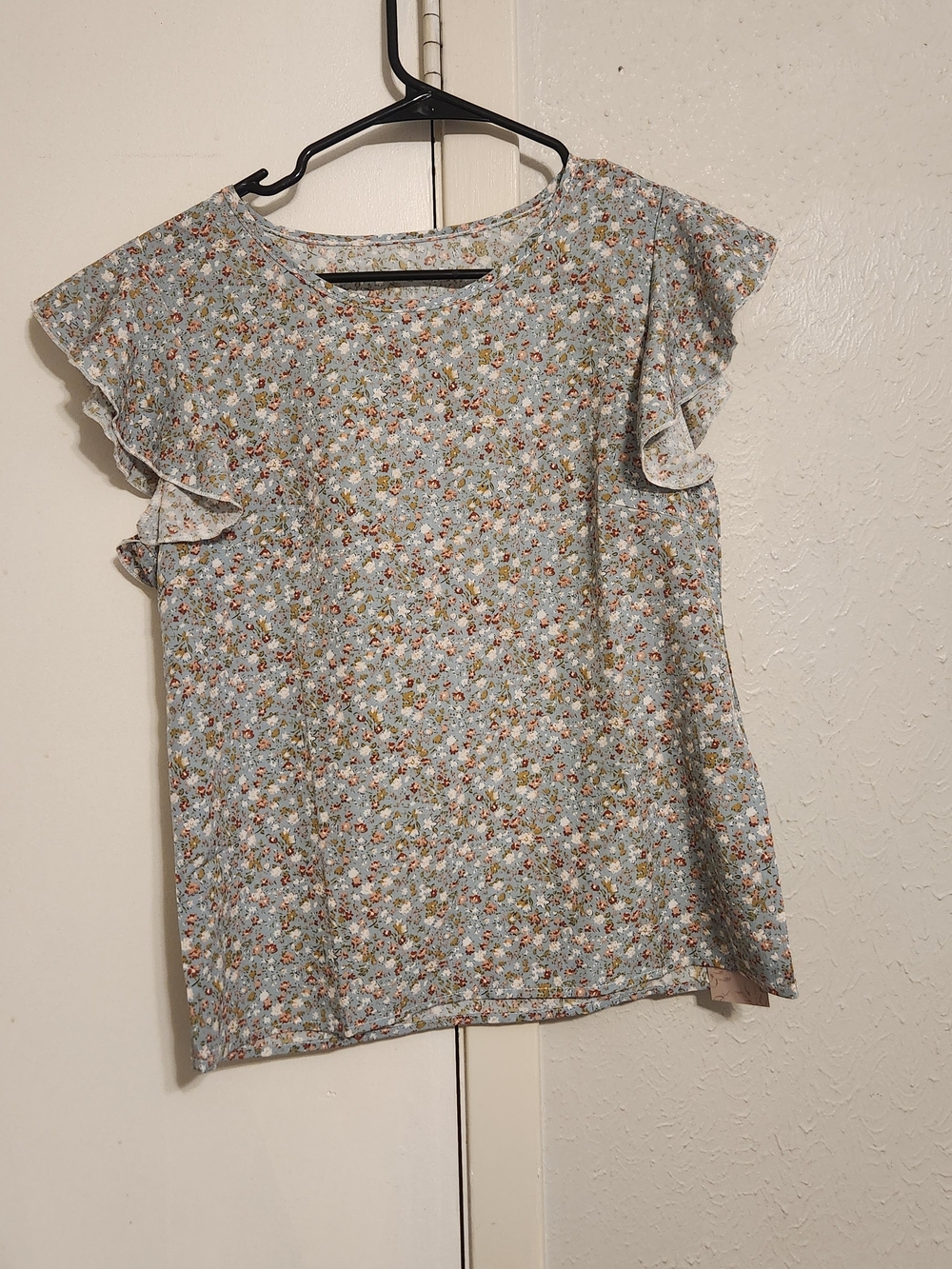 Light Blue Floral Ruffle Sleeve Blouse